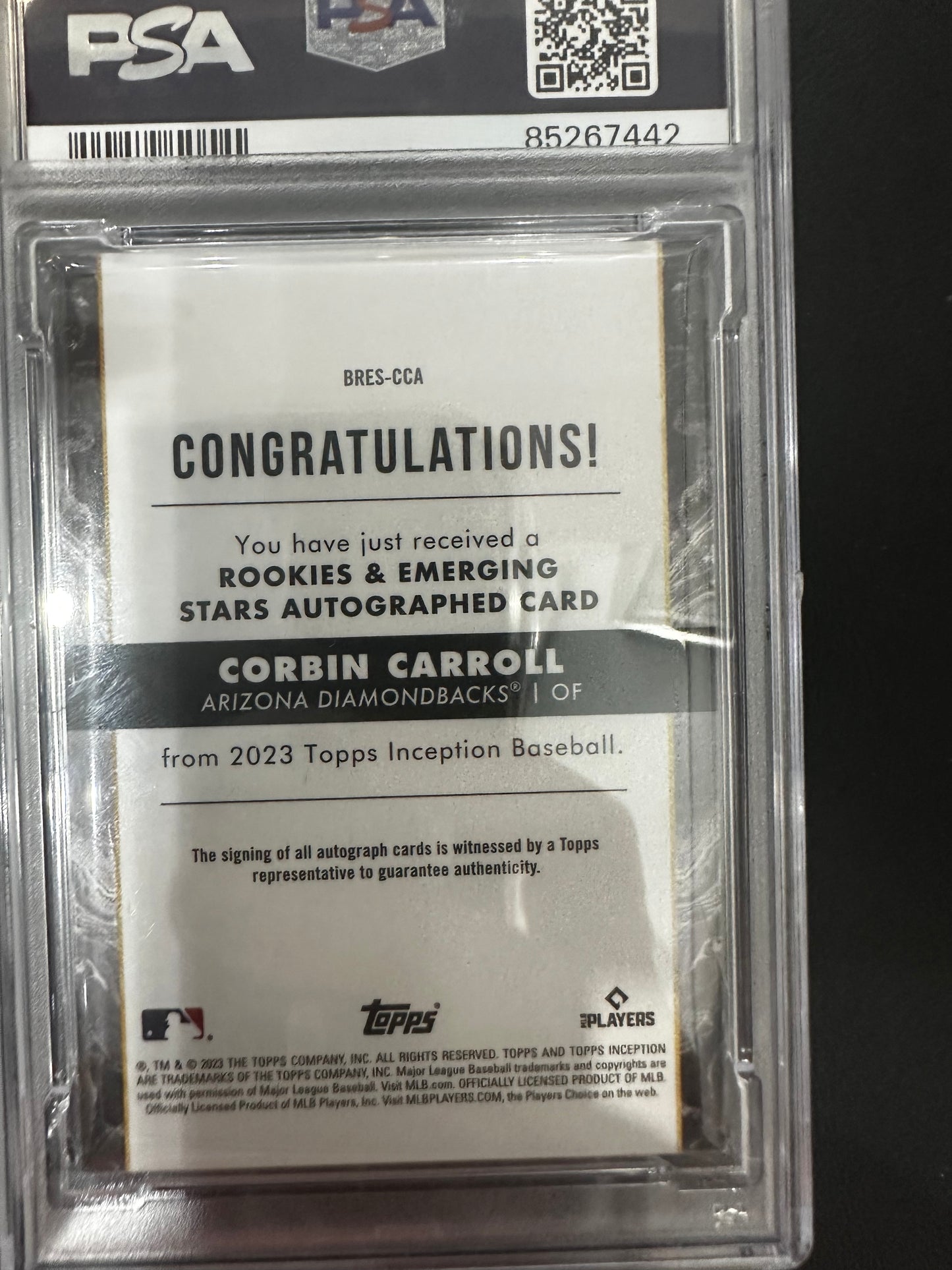 Corbin Carroll BRESCCA 2023 Topps Inception RK/Emerging Stars AU-Aqua PSA 9