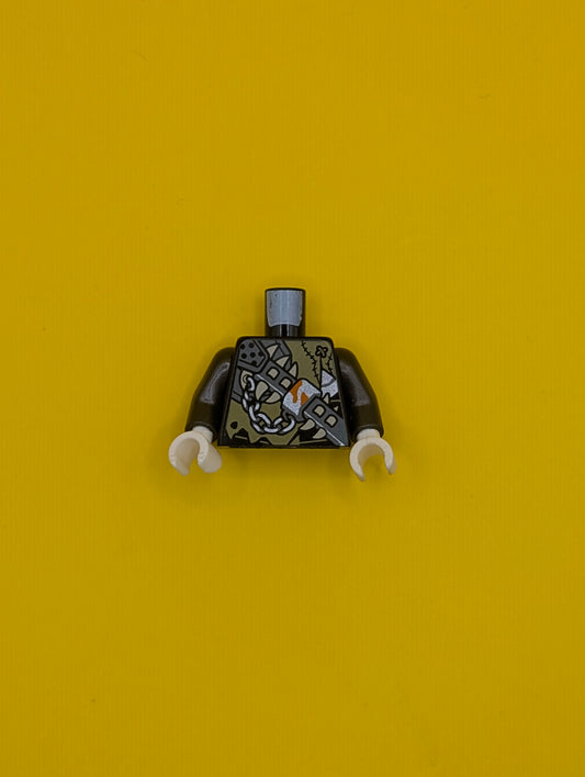 973pb3257c01 Torso Ninjago Spiked Weapon on Chain with Stitched Clothing Pattern / Pearl Dark Gray Arms / White Hands Lego Part