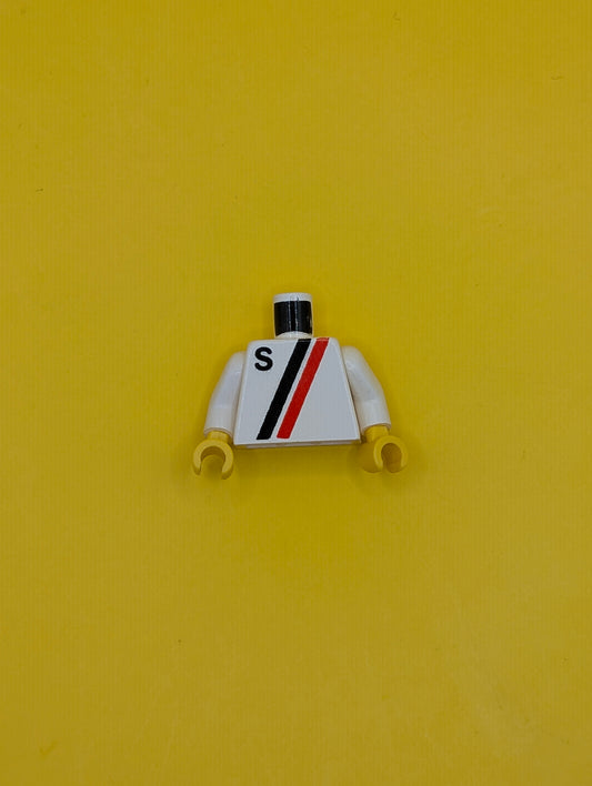 973p14c01 Torso Town with Letter S and Black and Red Stripes Pattern / White Arms / Yellow Hands Lego Part