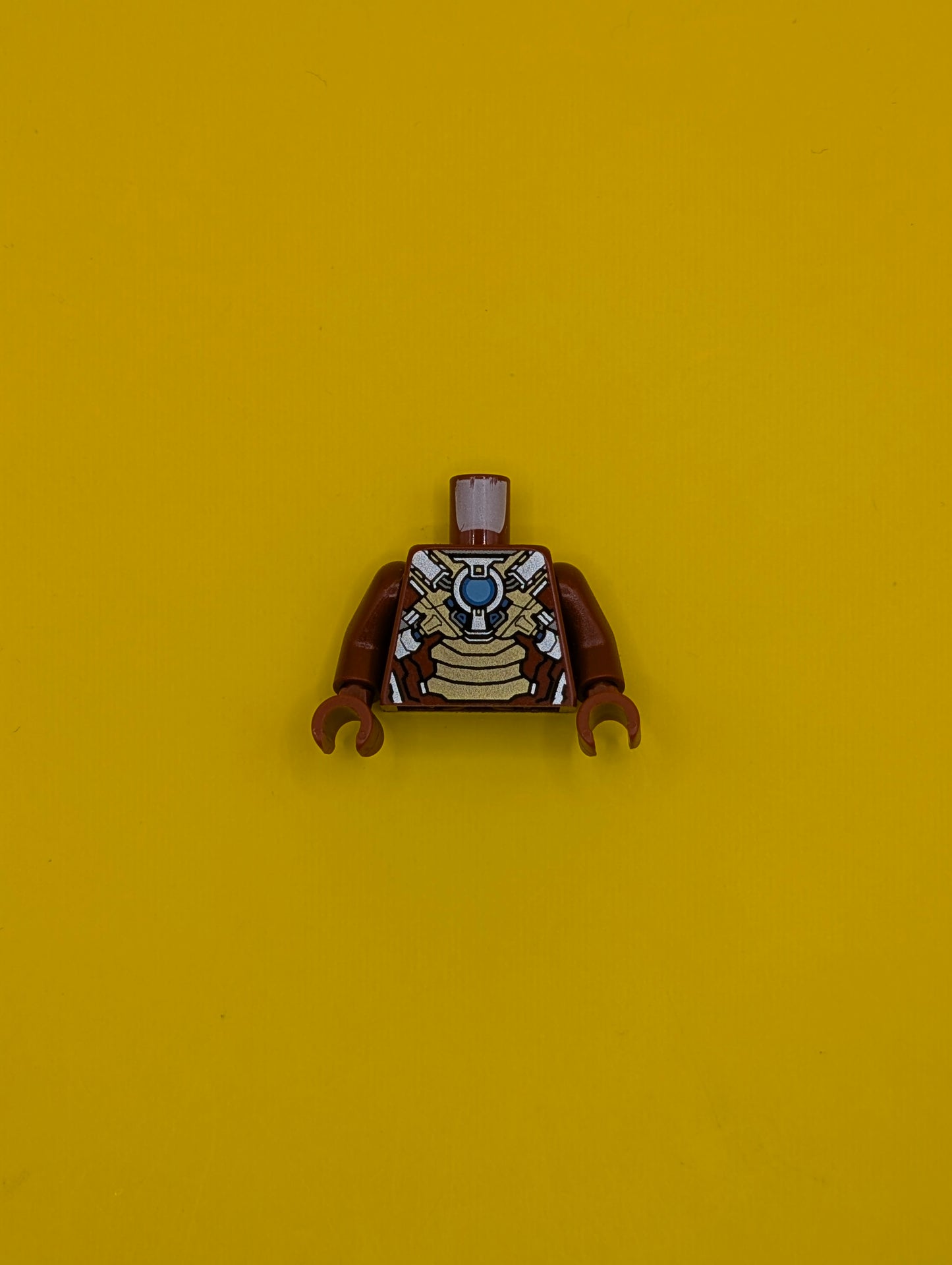 973pb1380c01 Torso Armor with Blue and Medium Blue Circle Arc Reactor, Gold Panels, Silver Trim Pattern (Iron Man Mark 17) / Dark Red Arms / Dark Red Hands Lego Part