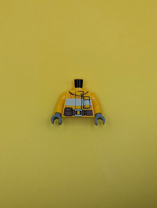 973pb1011c01 Torso Fire Suit with Stripe and Brown Utility Belt and Fire Logo on Back Pattern / Bright Light Orange Arms / Dark Bluish Gray Hands Lego Part