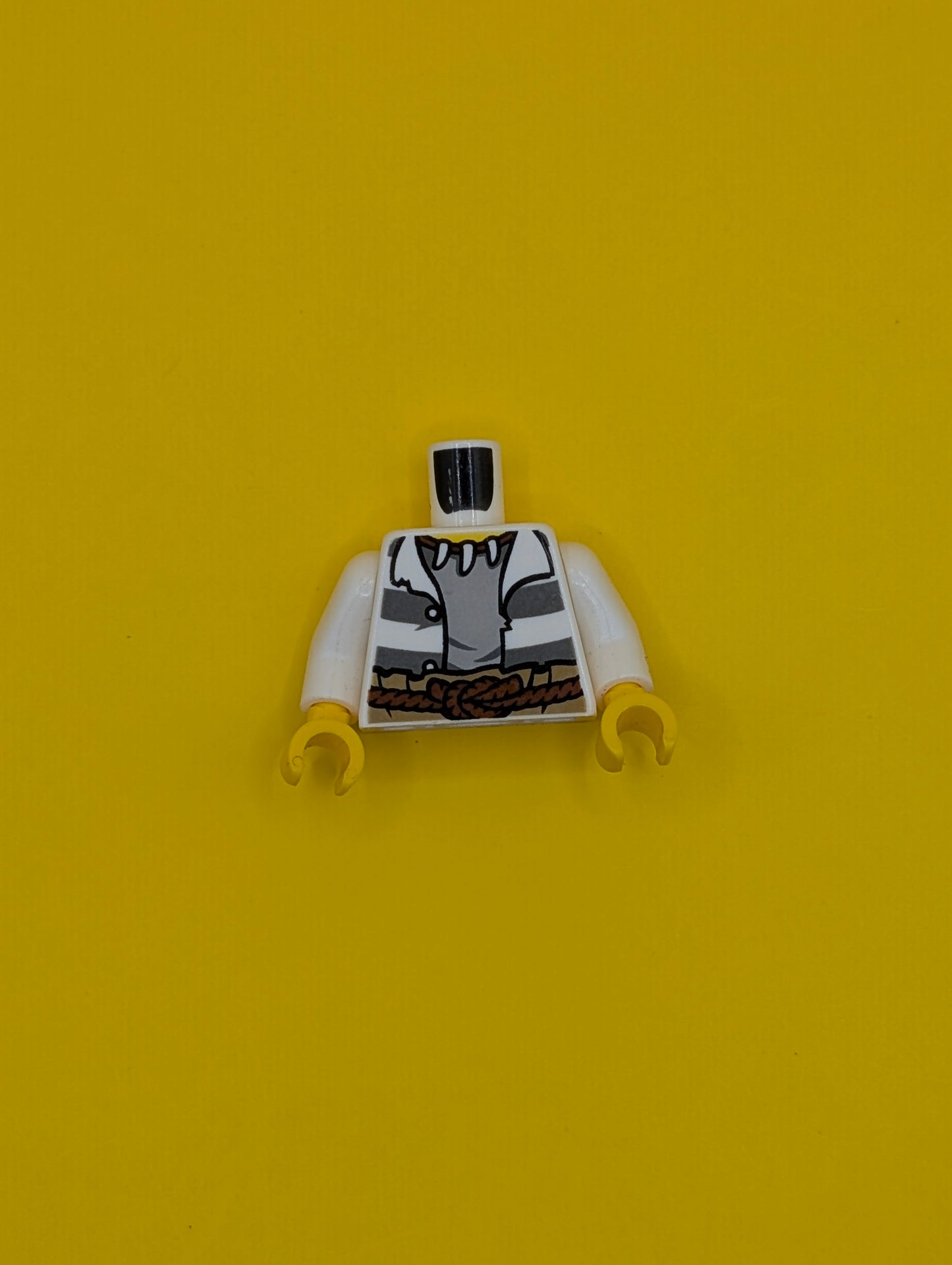 Torso Town Prisoner Jacket Open with Buttons and Dark Bluish Gray Stripes over Light Bluish Gray Shirt, Reddish Brown Rope Belt, Animal Tooth / Claw Necklace, Yellow Neck Pattern / White Arms / Yellow Hands 973pb1903c01 Lego