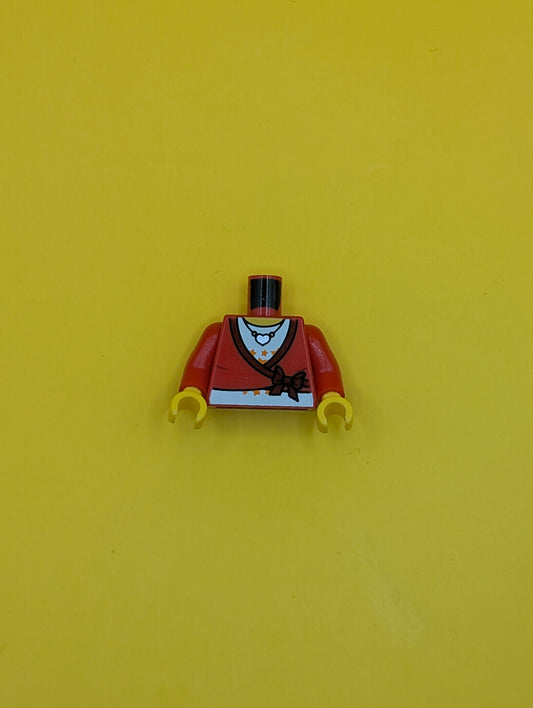 973pb0580c01 Torso Sweater Cropped with Dark Red Bow and Trim over White Shirt with Bright Light Orange Stars, Silver Heart Pendant Necklace, Yellow Neck Pattern / Red Arms / Yellow Hands Lego Part