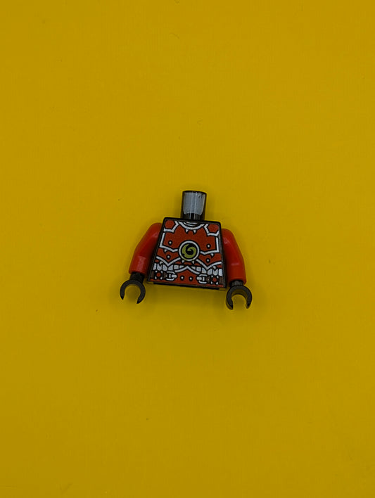 973pb1372c01 Torso Ninjago Red Armor and Silver Belt with Lime Swirl Medallion Pattern / Red Arms / Black Hands Lego Part