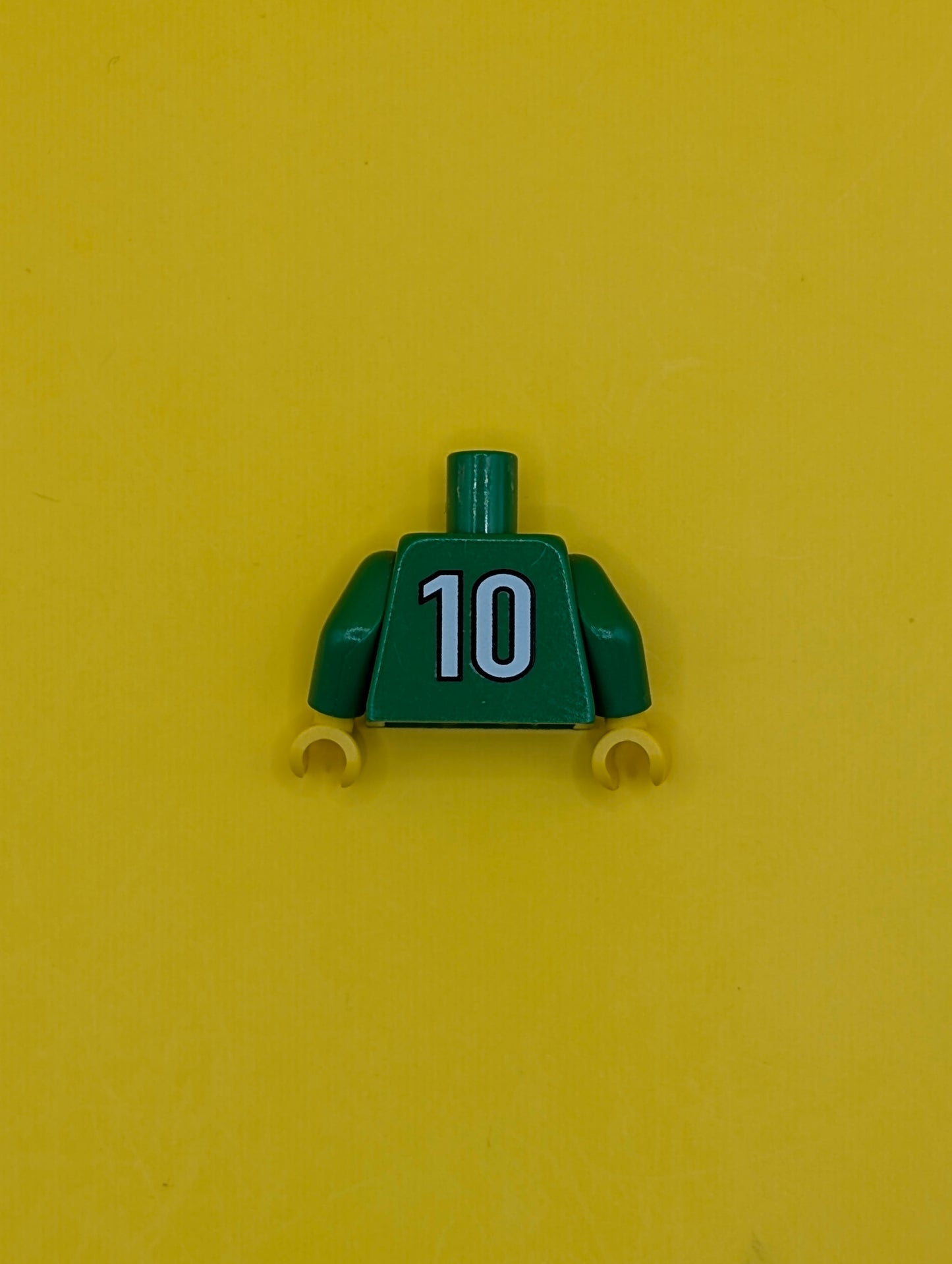 Torso Soccer Uniform Shirt with White Horizontal Stripes, Neck, and Number 10 on Back Pattern / Green Arms / Yellow Hands 973pb0365c01 Lego
