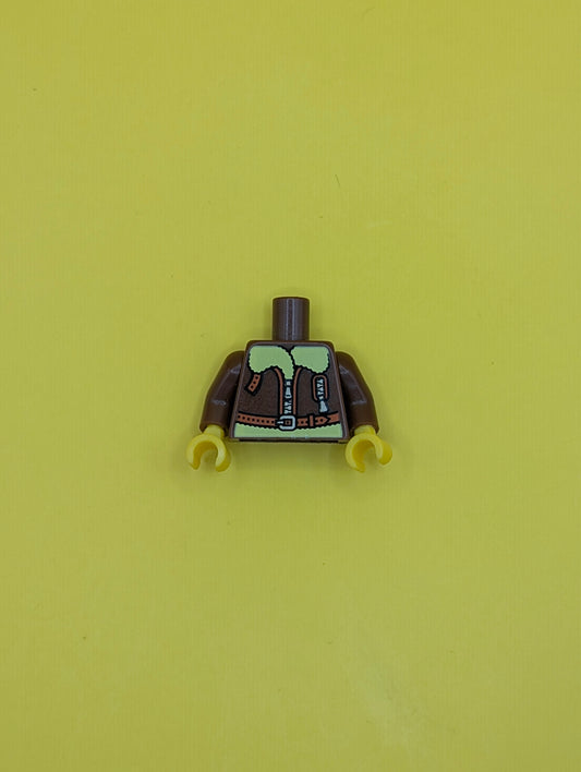 973pb0792c01 Torso Bomber Jacket with Light Yellow Collar Pattern / Reddish Brown Arms / Yellow Hands Lego Part