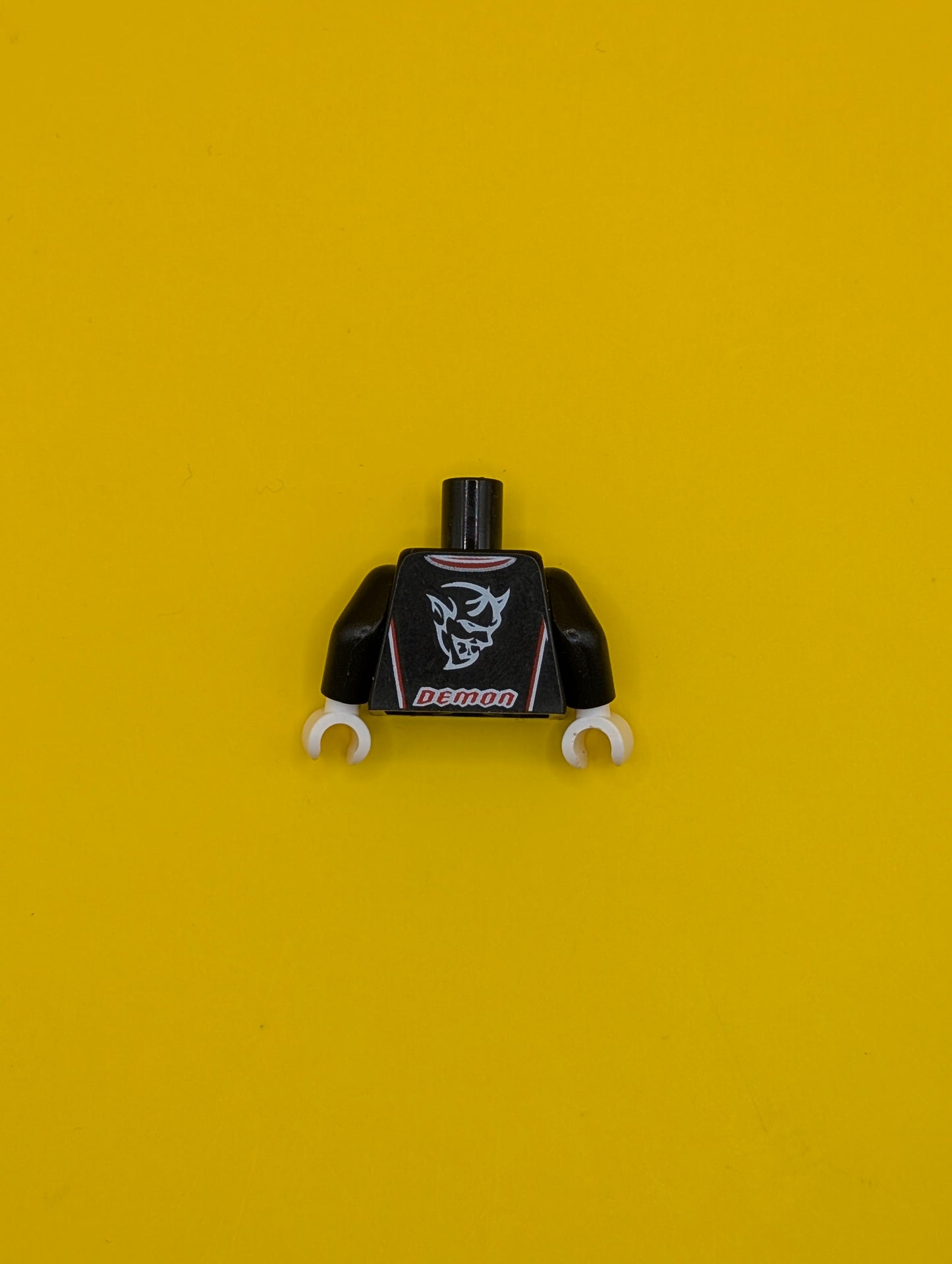 973pb3427c01 Torso Racing Suit with Demon Logo, White and Red Stripes Pattern / Black Arms / White Hands Lego Part