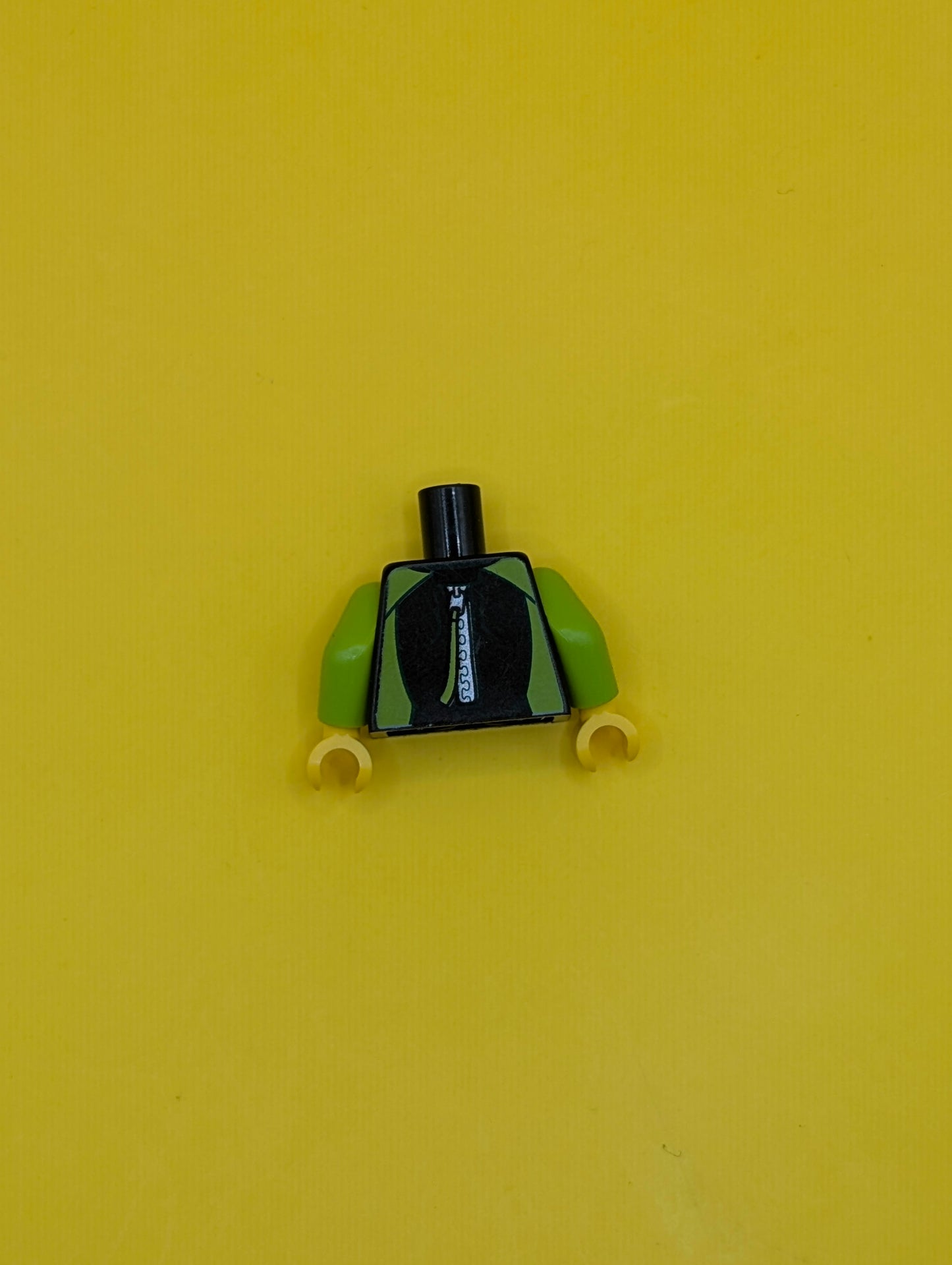 973pb2739c01 Torso Wetsuit with Dark Green Collar, Lime Panels, Wave Logo on White Circle, Silver Zipper with Pull Cord on Back Pattern / Lime Arms / Yellow Hands Lego Part