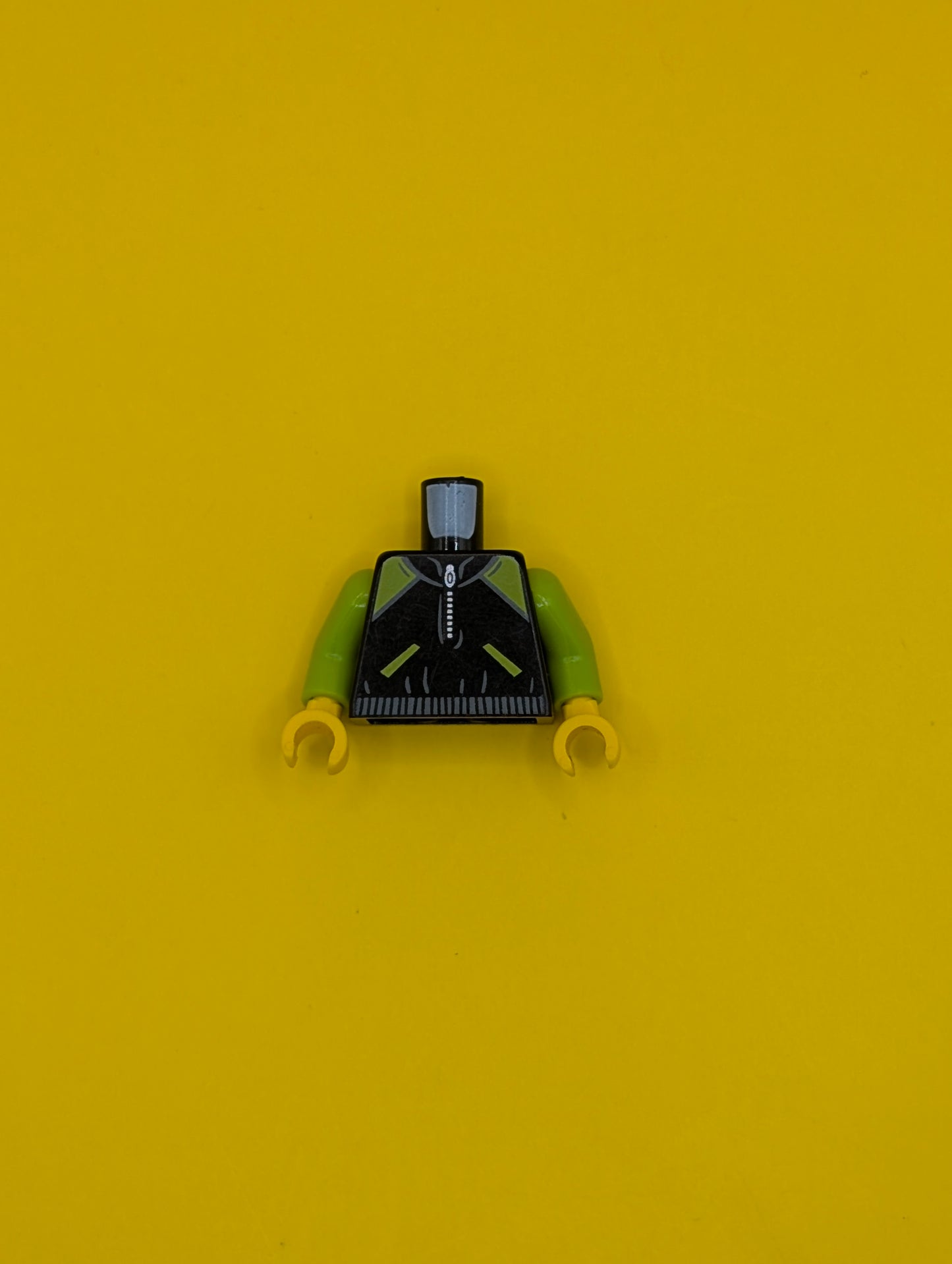 973pb2347c01 Torso Jacket with Dark Bluish Gray Waistband, Lime Shoulders and Pockets, and Silver Zipper Pattern / Lime Arms / Yellow Hands Lego Part