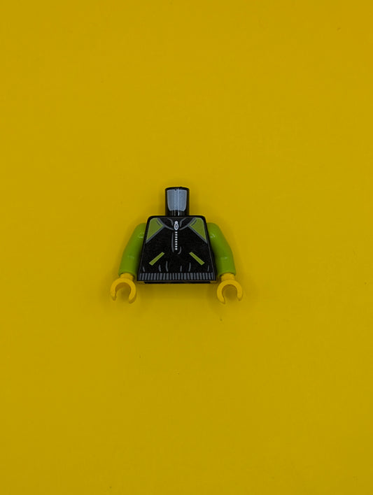 973pb2347c01 Torso Jacket with Dark Bluish Gray Waistband, Lime Shoulders and Pockets, and Silver Zipper Pattern / Lime Arms / Yellow Hands Lego Part