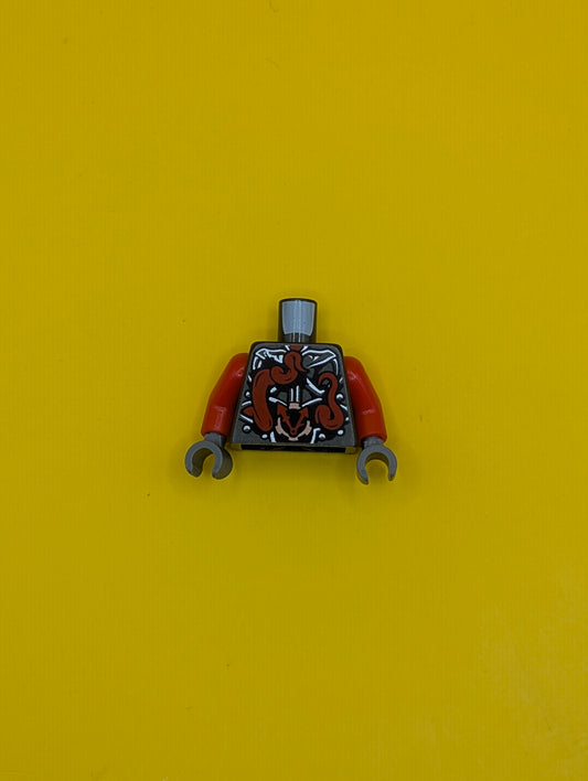 973pb2610c01 Torso Ninjago Metallic Silver Armor with Clock and Large Red Snake with White Fangs on Back Pattern / Red Arms / Dark Bluish Gray Hands Lego Part