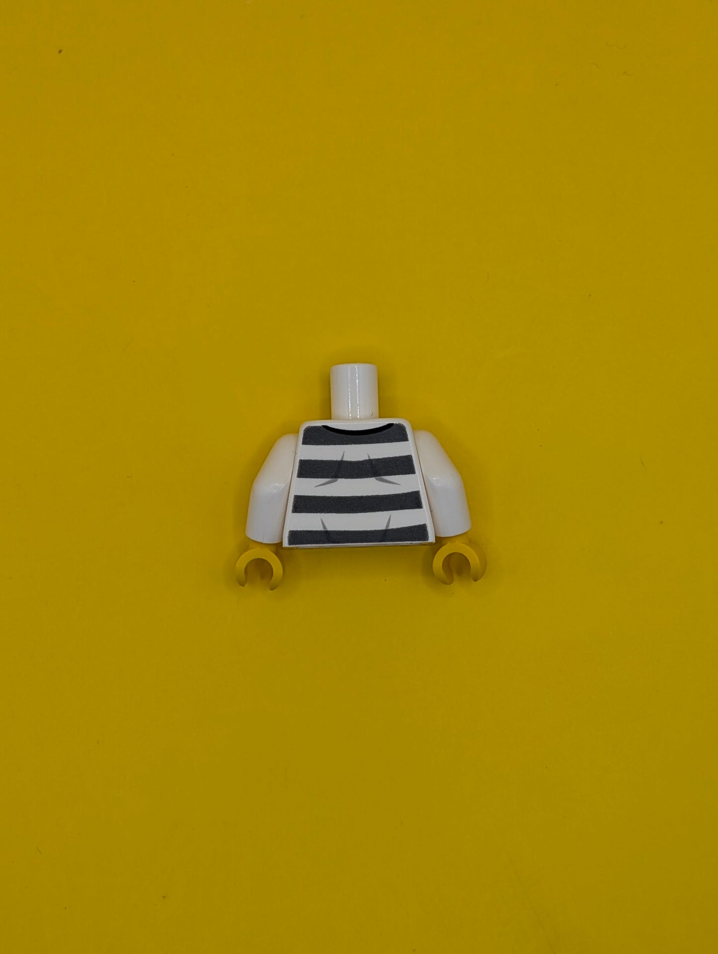 Torso Town Prisoner Number 86753, Dark Bluish Gray Stripes, Buttons, Dark Tan Undershirt Pattern / White Arms / Yellow Hands 973pb1557c01 Lego