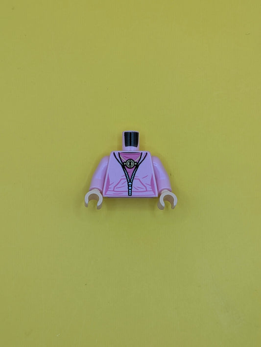 973pb3592c01 Torso Female Jacket, Dark Pink Shirt, Gold Time Turner and Silver Zipper Pattern / Bright Pink Arms / Light Nougat Hands Lego Part