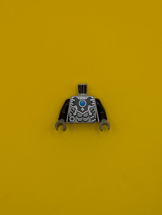 973pb1633c01 Torso Chima Silver Armor with Straps and Blue Round Jewel (Chi) Pattern / Black Arms / Dark Bluish Gray Hands Lego Part
