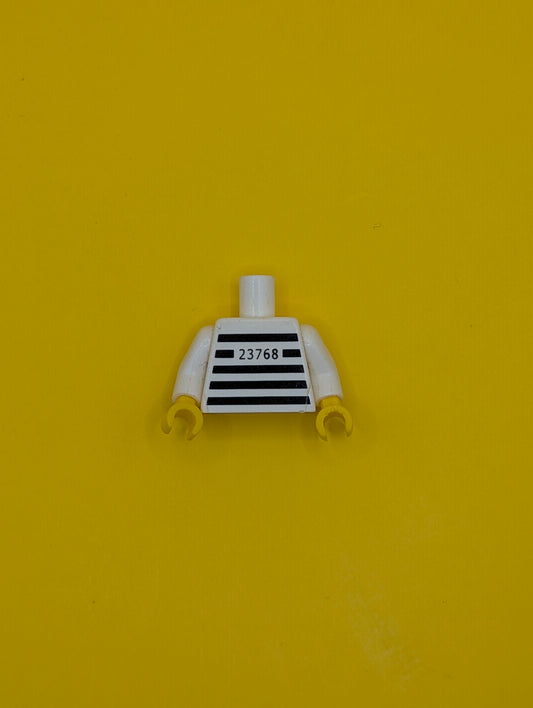 973pb4515c01 Torso Prison Shirt with Black Stripes and '23768' Thin Font Pattern (Reissue) / White Arms / Yellow Hands Lego Part
