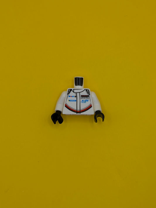 973pb3322c01 Torso Speed Champions with Mobil 1 and WEC Logo on Front, Porsche Design Logo on Back Pattern / White Arms / Black Hands Lego Part