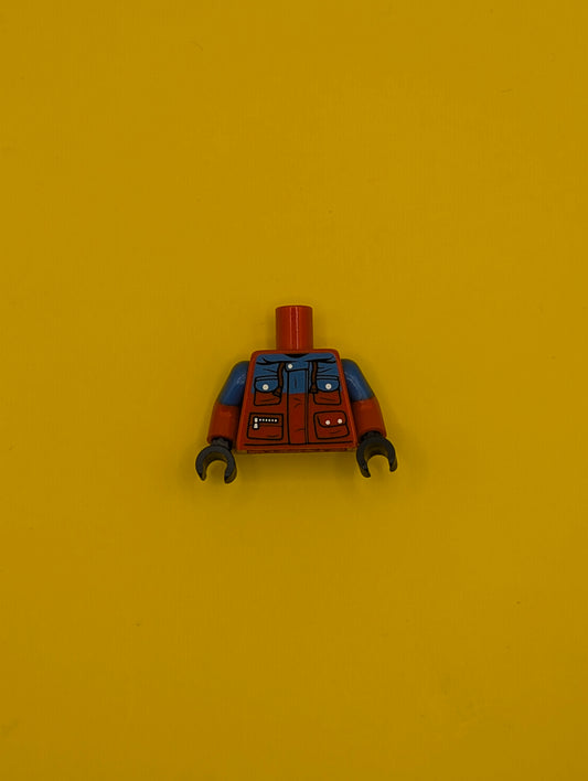 973pb2393c01 Torso Winter Jacket with Blue Panel, 4 Pockets with Snaps and Zipper Pattern / Red Arms with Molded Blue Short Sleeves Pattern / Dark Blue Hands Lego Part