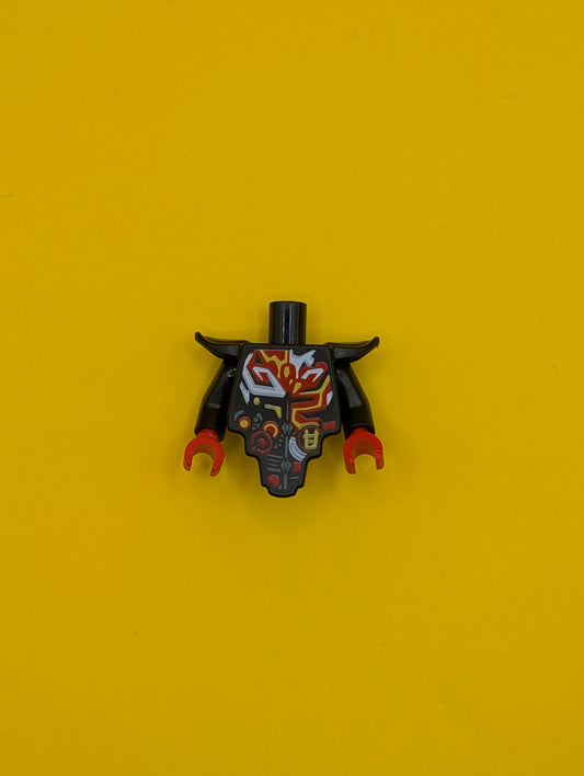 28680pb03c01 Torso, Modified Short with Smooth Armor Breastplate with Shoulder Pads and Red, Yellow and White Tribal Pattern / Black Arms / Red Hands Lego Part