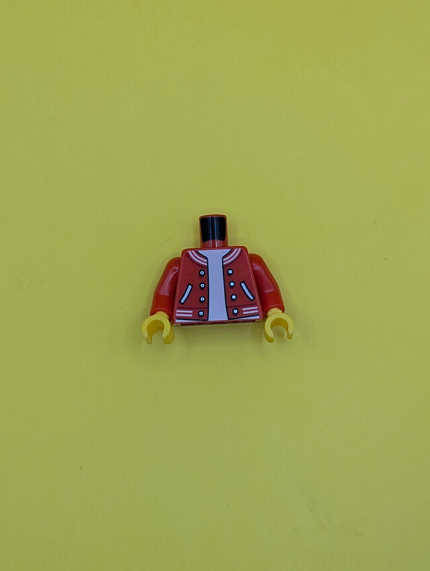 Torso Letterman Jacket with Striped Trim, Pockets, and Silver Buttons over White Shirt Pattern / Red Arms / Yellow Hands 973pb3624c01 Lego