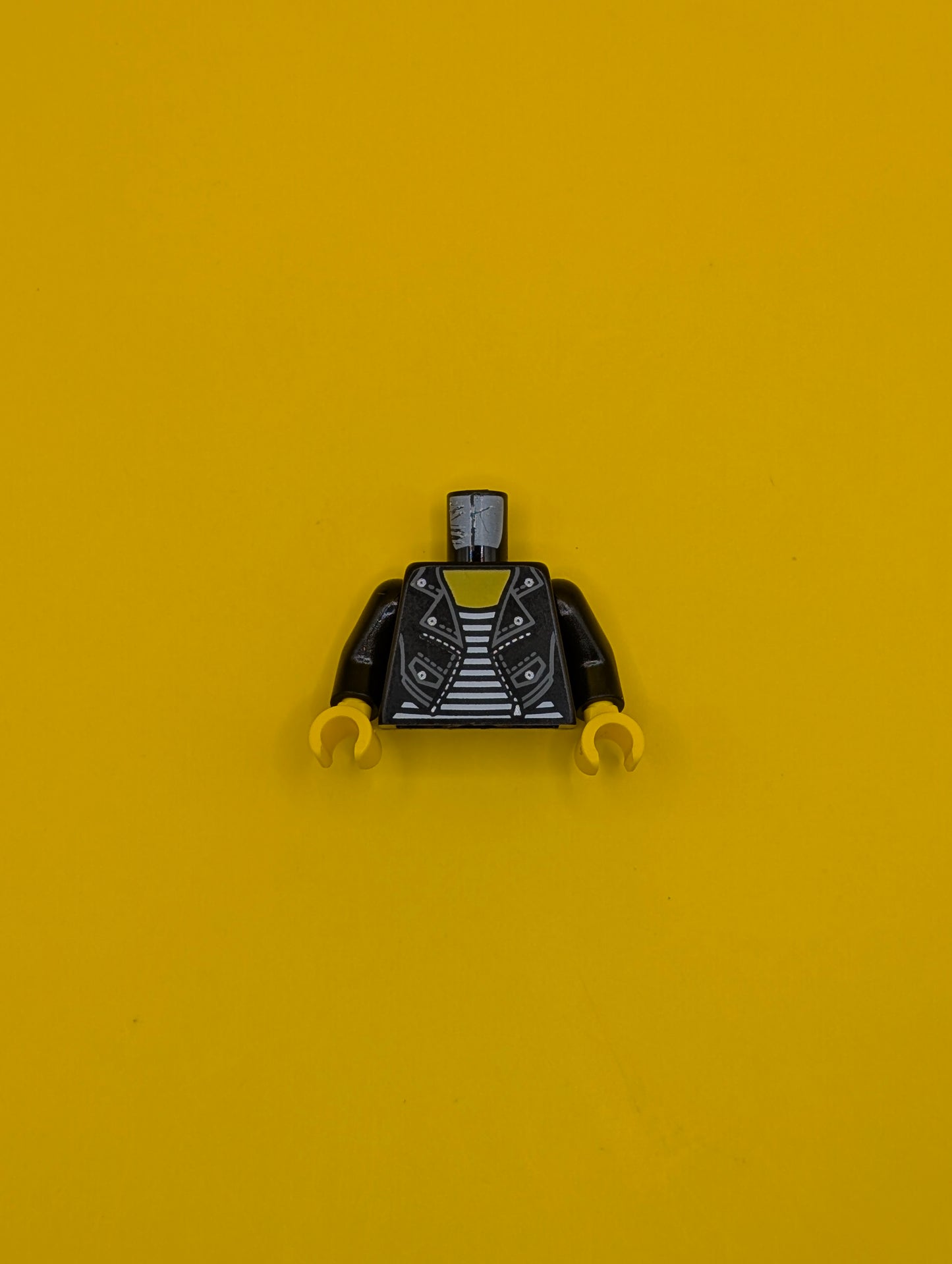 Torso Female Leather Jacket Open with Pockets and Silver Buttons and Zipper over Shirt with White Stripes, Yellow Neck Pattern / Black Arms / Yellow Hands 973pb2828c01 Lego