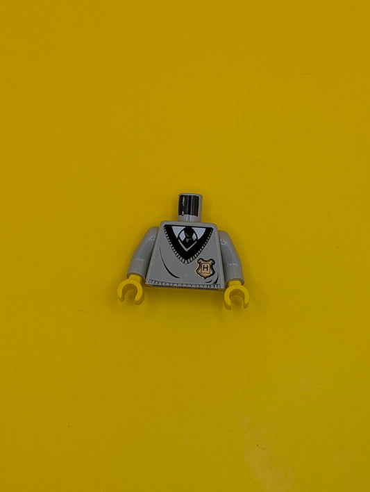 973px153c01 Torso V-Neck Sweater with Black Collar and Gold Hogwarts Crest over White Shirt, Tie Pattern / Light Gray Arms / Yellow Hands Lego Part