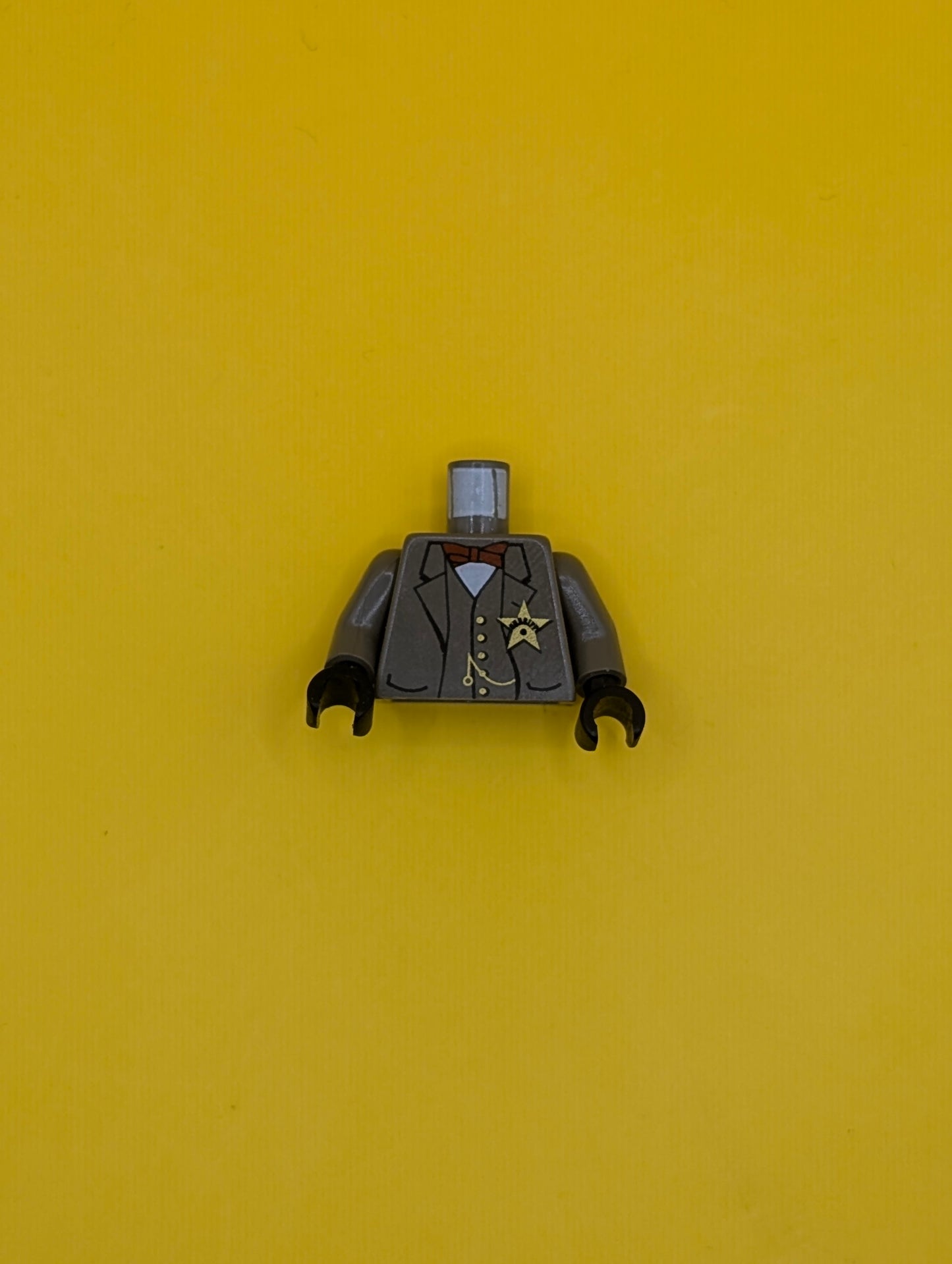 973px161c01 Torso Western Sheriff Star Badge, Vest, Red Bow Tie and Watch Fob Pattern (Sheriff) / Dark Gray Arms / Black Hands Lego Part