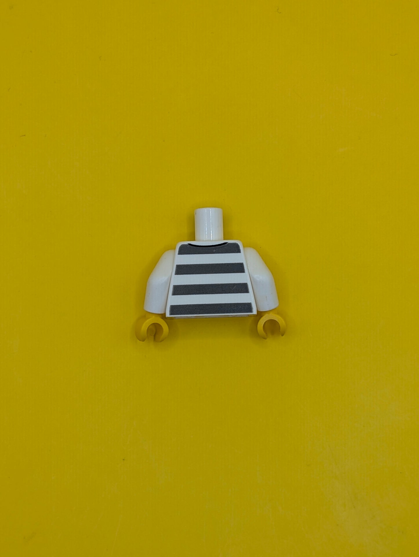 973pb3375c01 Torso Prison Uniform Shirt with '50380', 5 Buttons, and Dark Bluish Gray Stripes, Hairy Chest, Yellow Neck Pattern / White Arms / Yellow Hands Lego Part