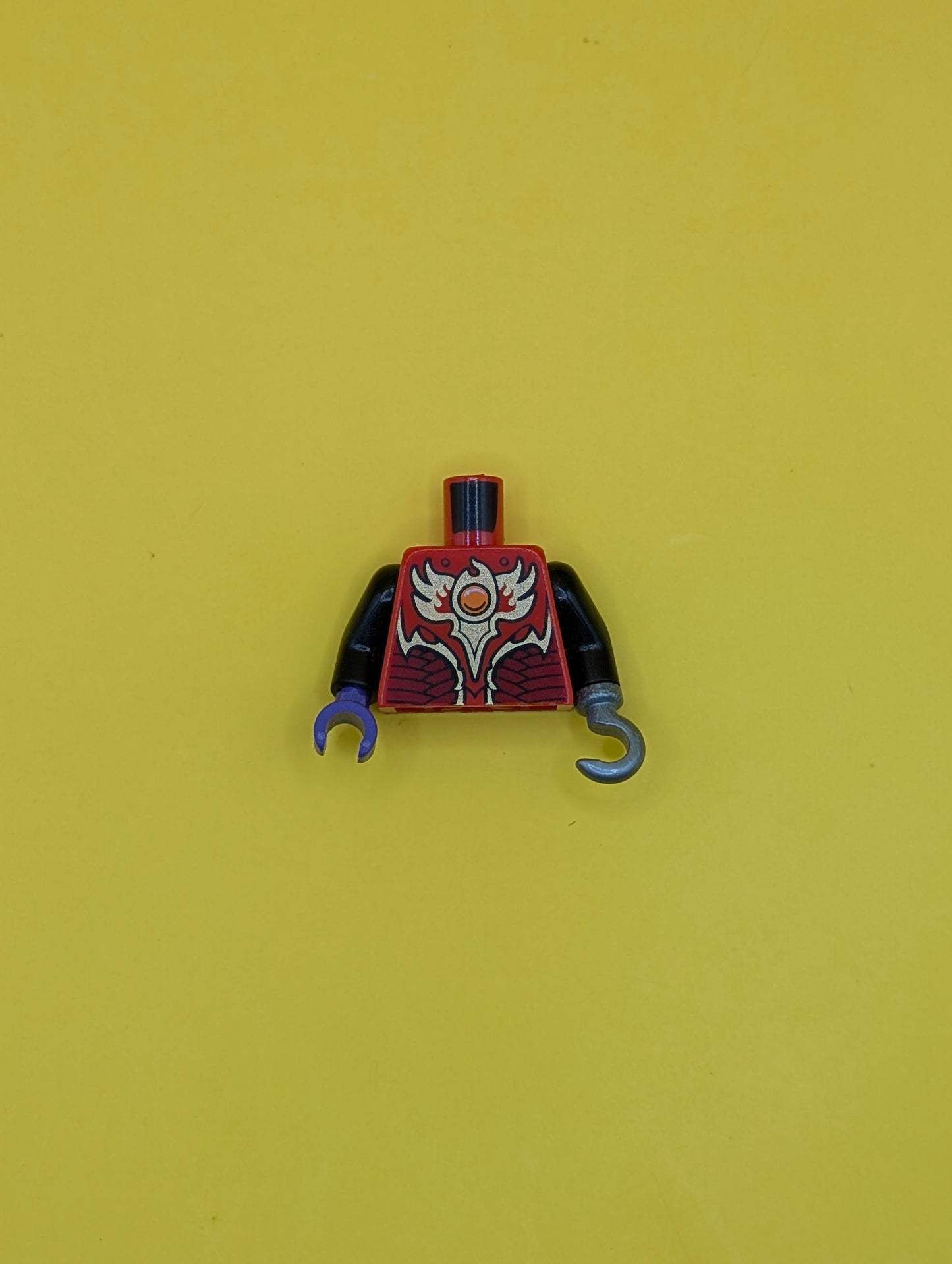 Torso Vest with Dark Red and Gold Armor with Scales and Orange Round Jewel (Fire Chi) Pattern / Black Arms / Dark Purple Hand Right / Flat Silver Hook Left 973pb1715c06 Lego