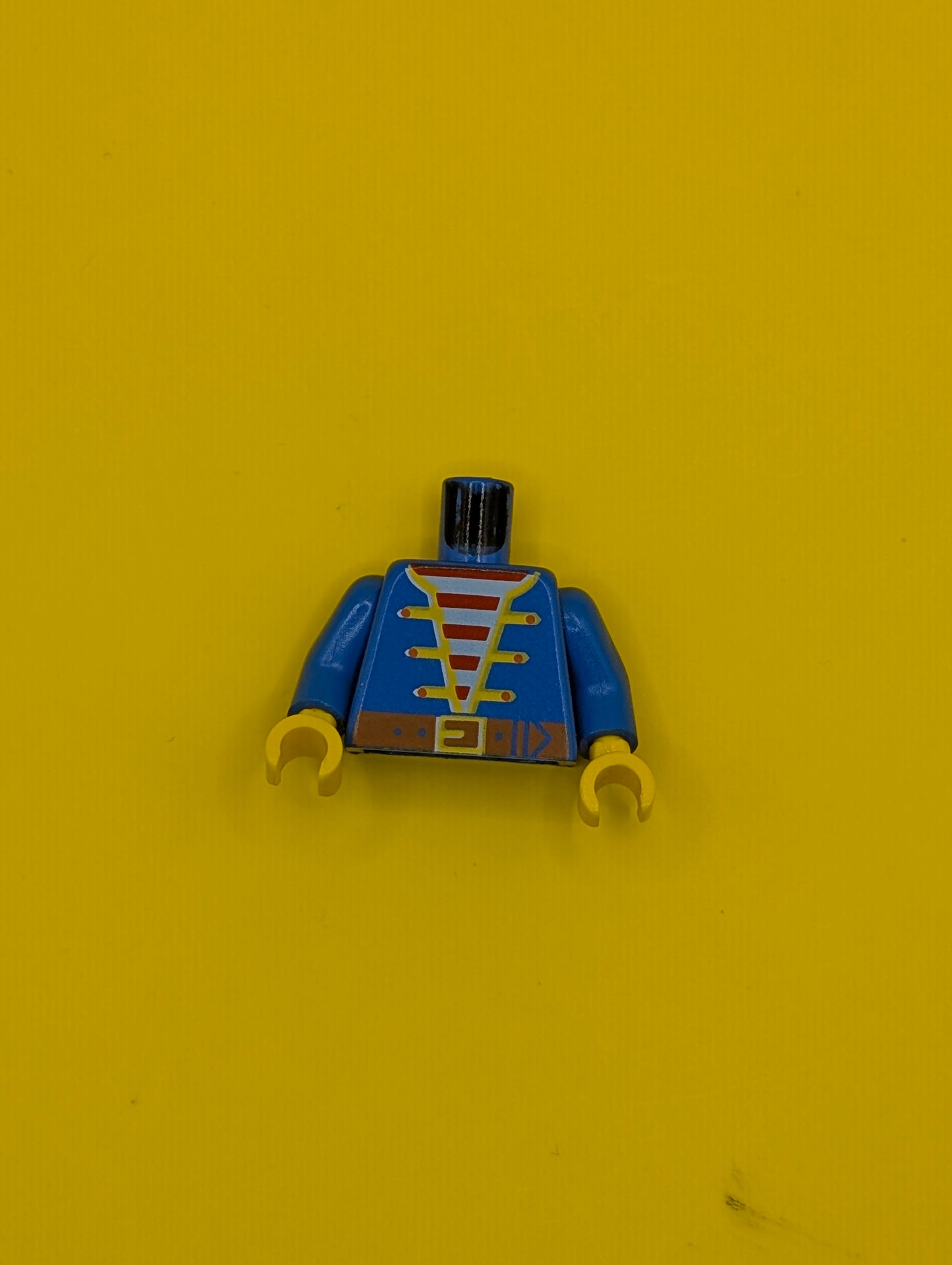 Torso Pirate Jacket Open with Yellow Trim over Shirt with Red and White Horizontal Stripes, Dark Orange Belt with Buckle Pattern / Blue Arms / Yellow Hands 973p34c01 Lego