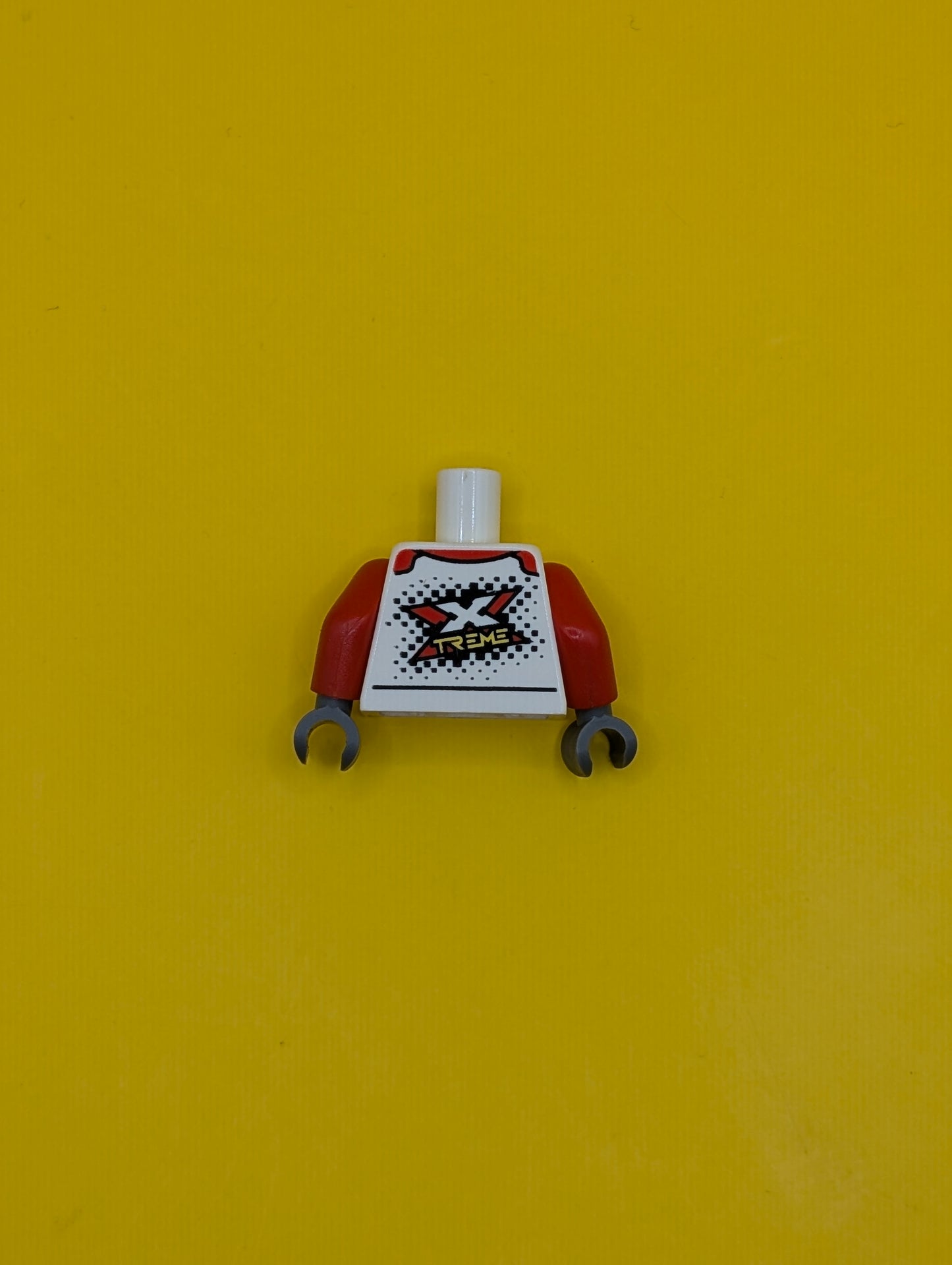 973pb3759c01 Torso Racing Suit with Red Collar and Stylized 'XTREME' Logo Pattern / Red Arms / Dark Bluish Gray Hands Lego Part