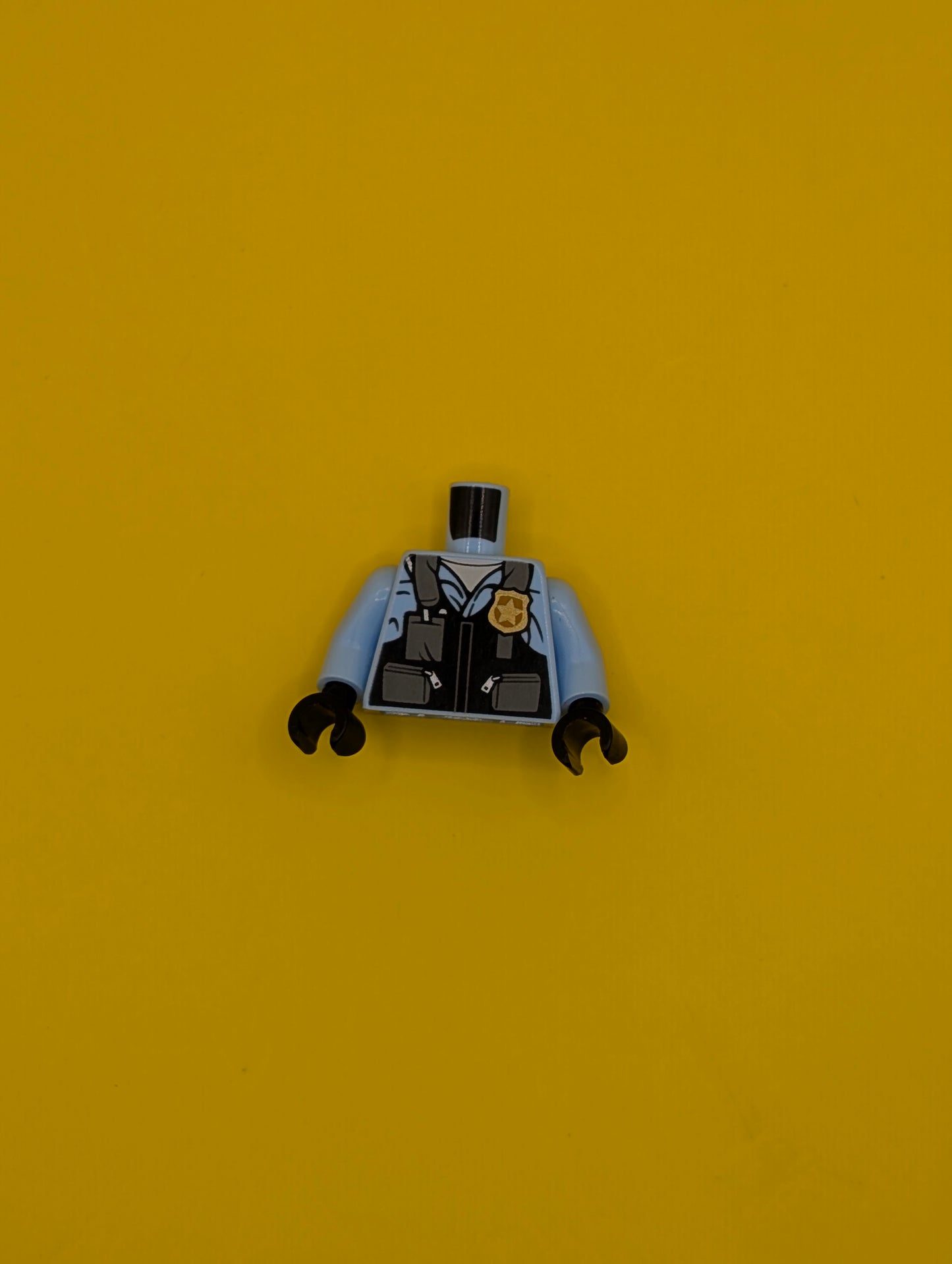 Torso Police Black Pilot Safety Vest with Police Badge and Dark Bluish Gray Pockets Pattern / Bright Light Blue Arms / Black Hands 973pb3376c01 Lego