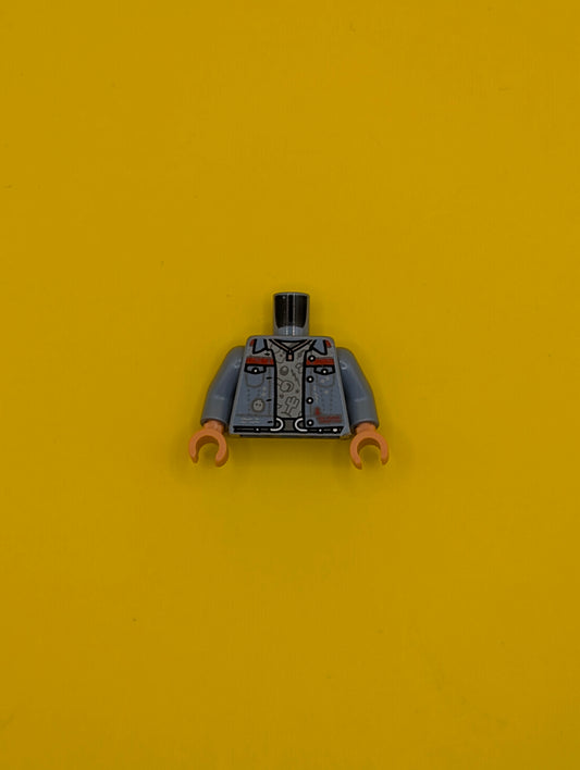 973pb4655c01 Torso Jacket with Pockets, Red Trim and Star over Light Bluish Gray Shirt, Belt with Silver Buckles Pattern / Sand Blue Arms / Nougat Hands Lego Part