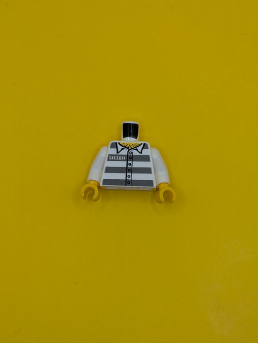 973pb3375c01 Torso Prison Uniform Shirt with '50380', 5 Buttons, and Dark Bluish Gray Stripes, Hairy Chest, Yellow Neck Pattern / White Arms / Yellow Hands Lego Part