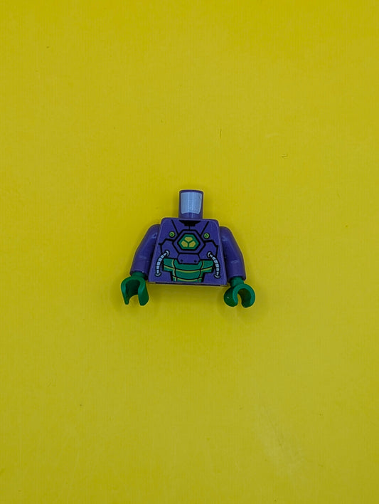 973pb2365c01 Torso Armor with Lex Luthor Warsuit with Yellow and Green Hexagon Logo and Green Armor Plates Pattern / Dark Purple Arms / Green Hands Lego Part