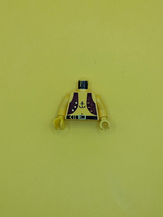 973p30c01 Torso Pirate Dark Purple Vest Open with Gold Buttons, Black Belt with Buckle, Anchor Tattoo, Navel Pattern / Yellow Arms / Yellow Hands Lego Part