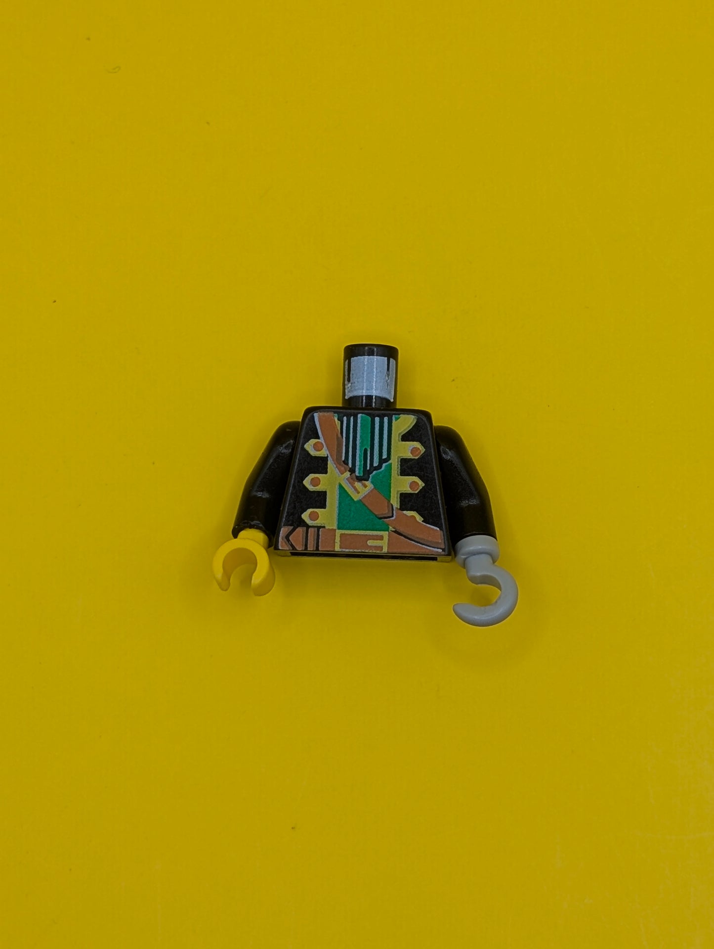 Torso Pirate Captain Jacket Open with Yellow Trim over Green Shirt with Neck Ruffle, Brown Strap, Belt with Buckle Pattern / Black Arms / Light Gray Hook Left / Yellow Hand Right 973p36c01 Lego