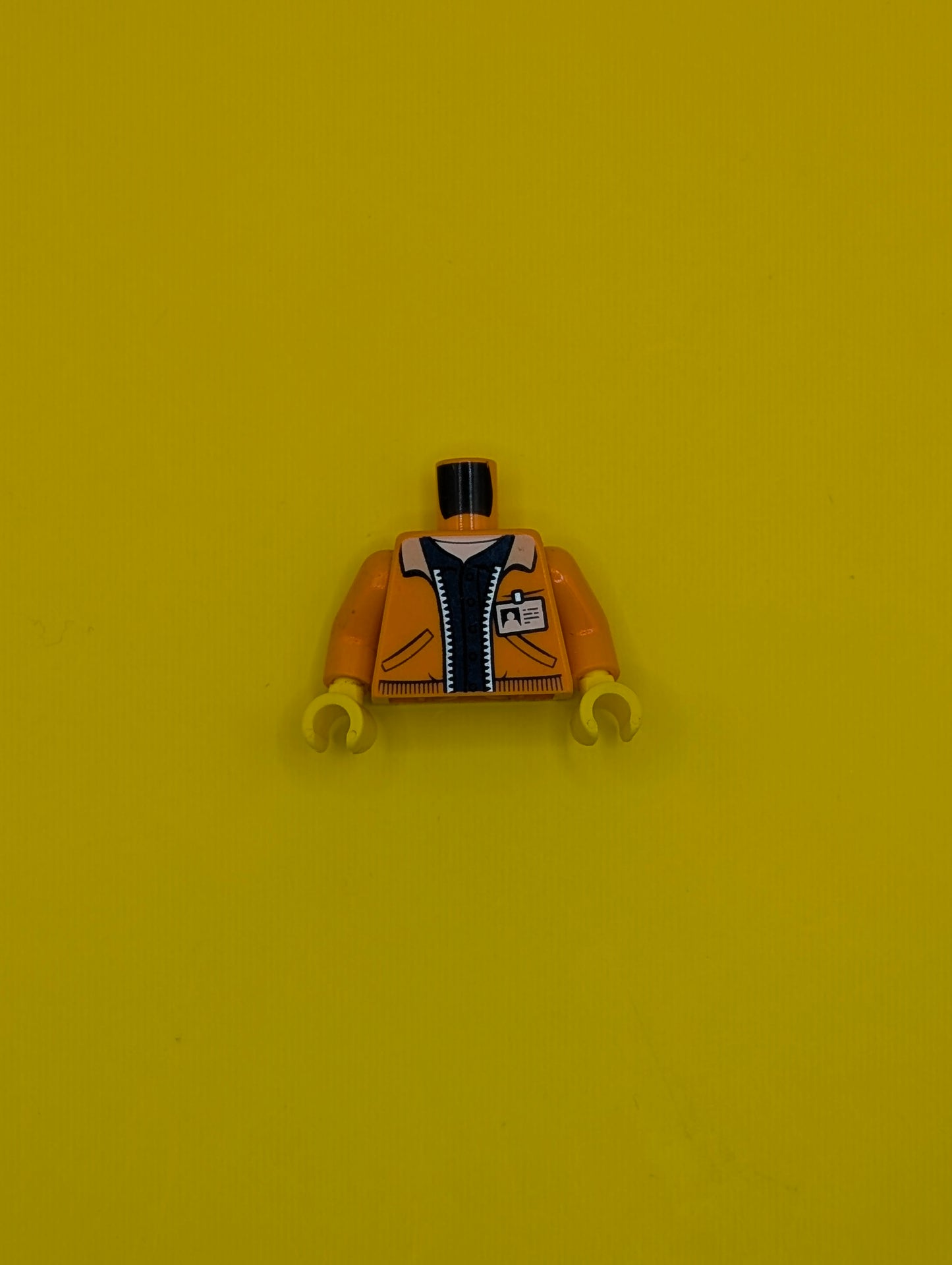 Torso Town Jacket with Pockets over Dark Blue Shirt with Name Tag and Miners Logo on Back Pattern / Orange Arms / Yellow Hands 973pb2920c01 Lego