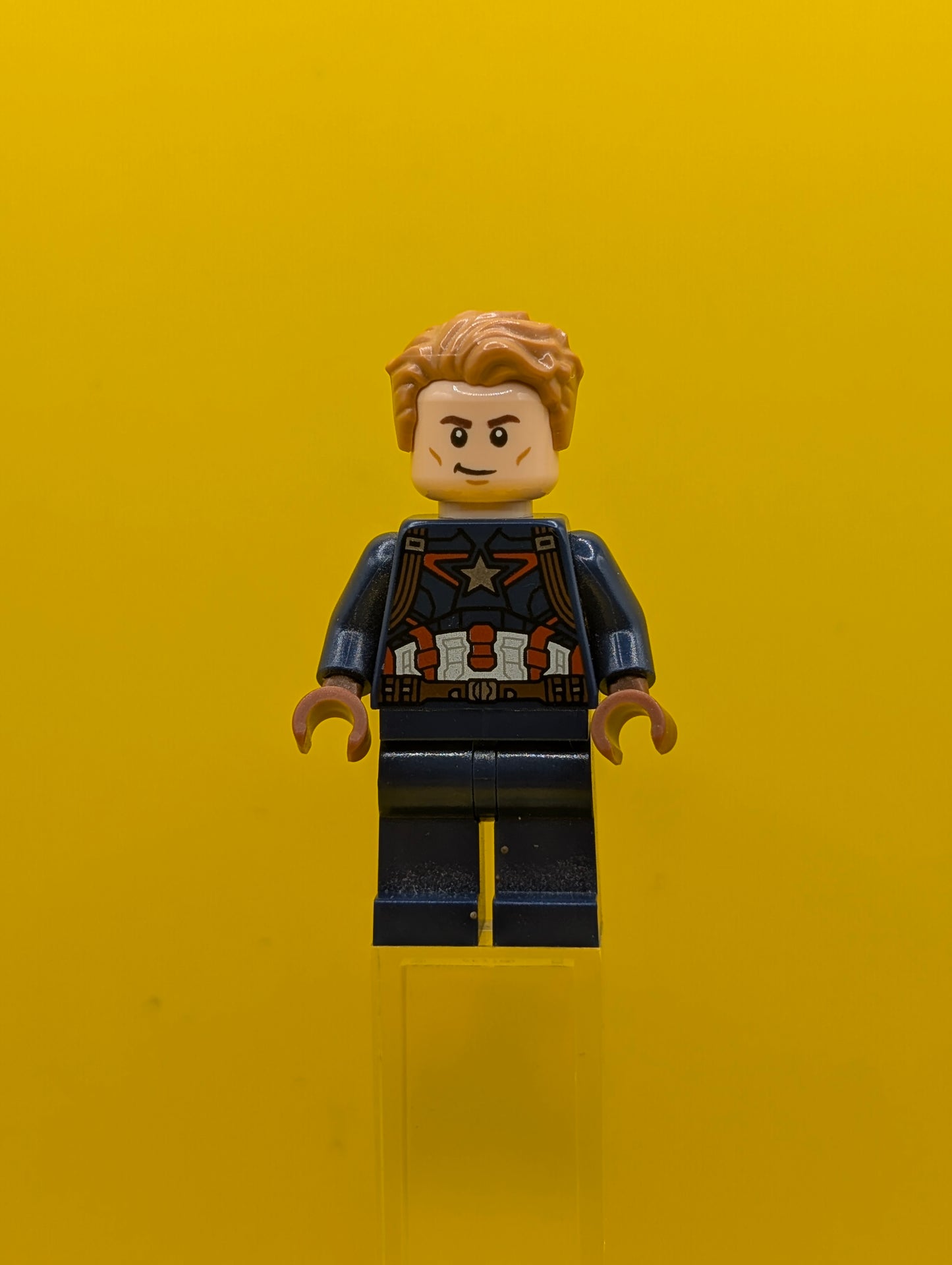 Captain America sh0264 Dark Blue Suit with Reddish Brown Belt and Harness, Reddish Brown Hands, Hair, Dark Brown Eyebrows Marvel Lego Minifigure