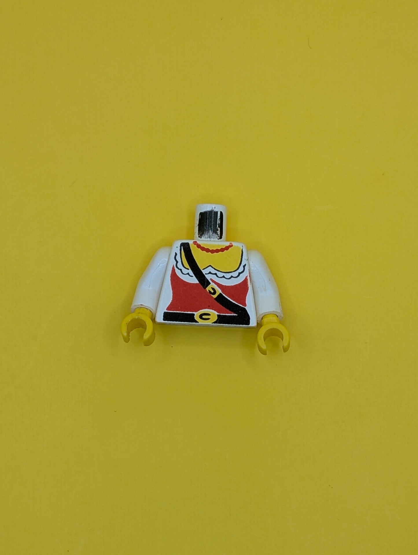 Torso Female Pirate Ruffled Shirt under Red Corset, Black Belts with Buckles, Bead Necklace, Yellow Chest Pattern / White Arms / Yellow Hands 973p38c01 Lego