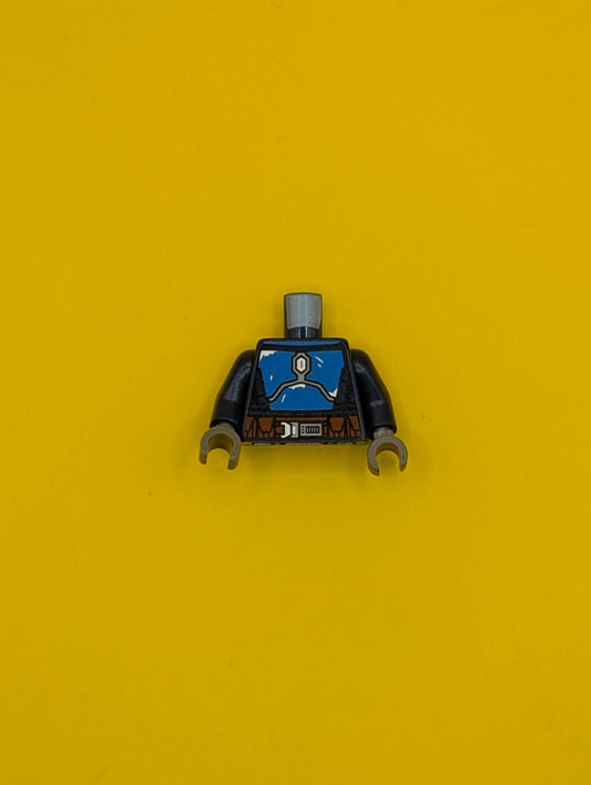 973pb5680c01 Torso SW Mandalorian Blue Beskar Armor, Reddish Brown Belt with Pouches and Dark Silver Buckle Pattern / Dark Blue Arms / Dark Bluish Gray Hands Lego Part