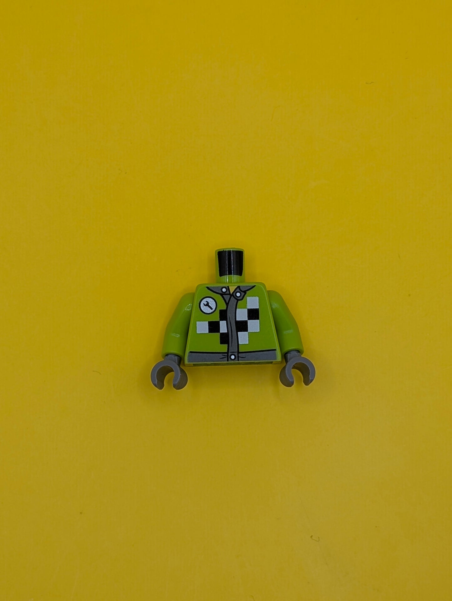 973pb1384c01 Torso Mechanic Racing Jacket with Wrench and Black and White Checkered Pattern / Lime Arms / Dark Bluish Gray Hands Lego Part
