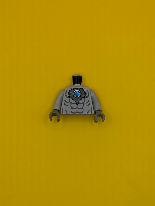 973pb1353c01 Torso Bare Chest with Muscles Outline, Dark Bluish Gray Fur and Dark Azure Round Jewel (Chi) Pattern / Light Bluish Gray Arms / Dark Bluish Gray Hands Lego Part