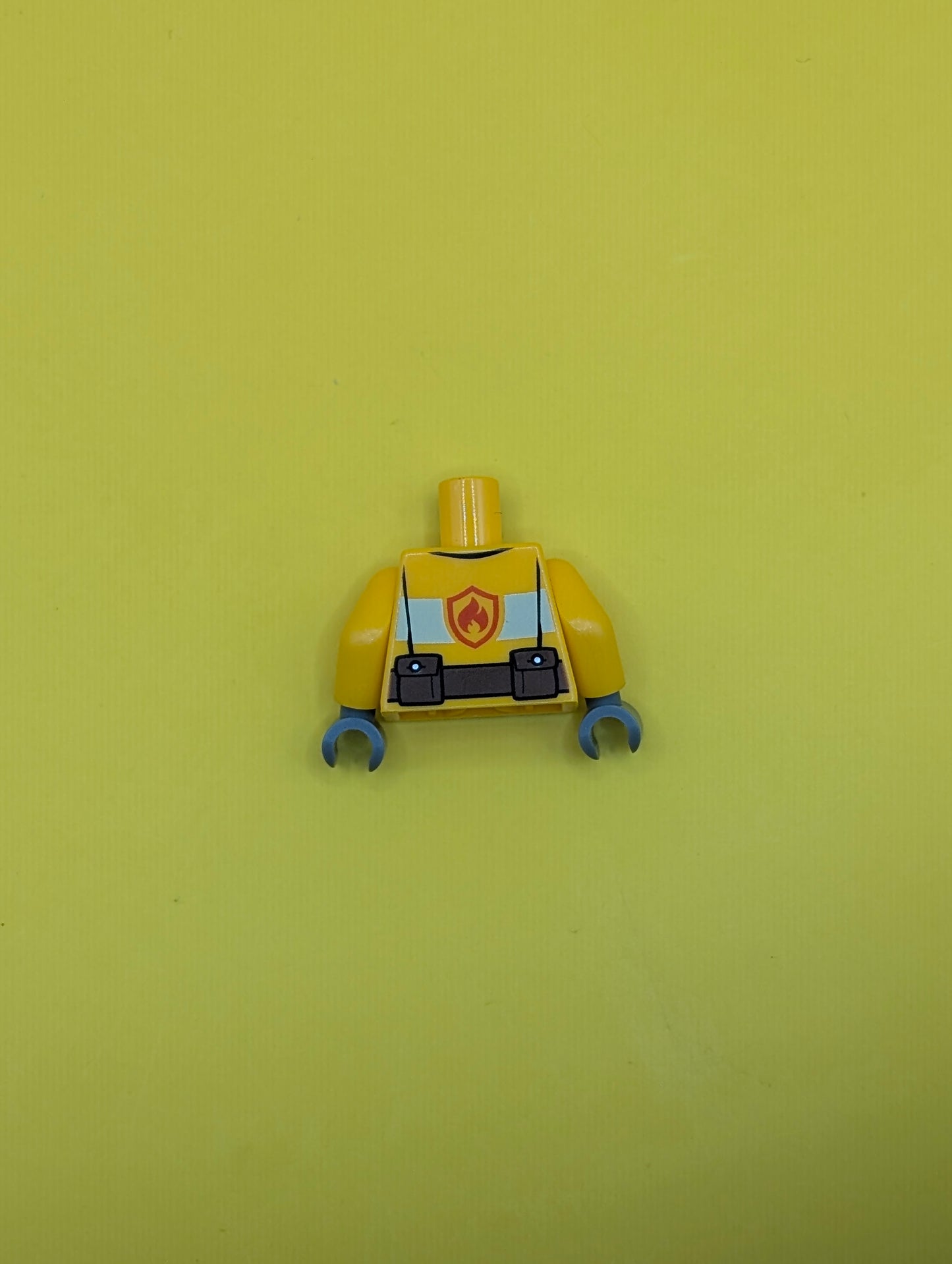 973pb1011c01 Torso Fire Suit with Stripe and Brown Utility Belt and Fire Logo on Back Pattern / Bright Light Orange Arms / Dark Bluish Gray Hands Lego Part
