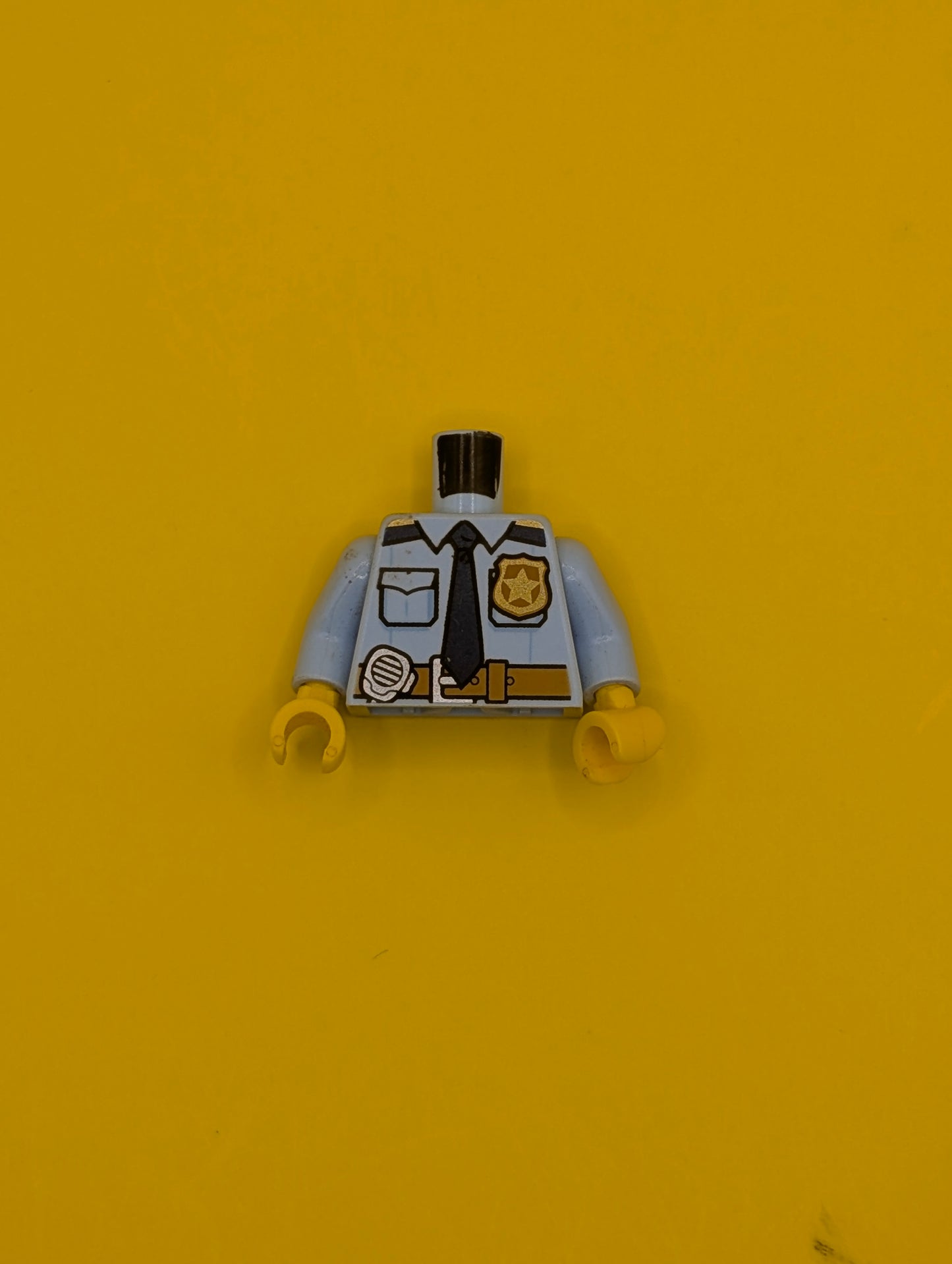 Torso Police Shirt with Gold Badge, Dark Blue Tie, Dark Tan Belt and 'POLICE' and Radio on Back Pattern / Bright Light Blue Arms / Yellow Hands 973pb2600c01 Lego