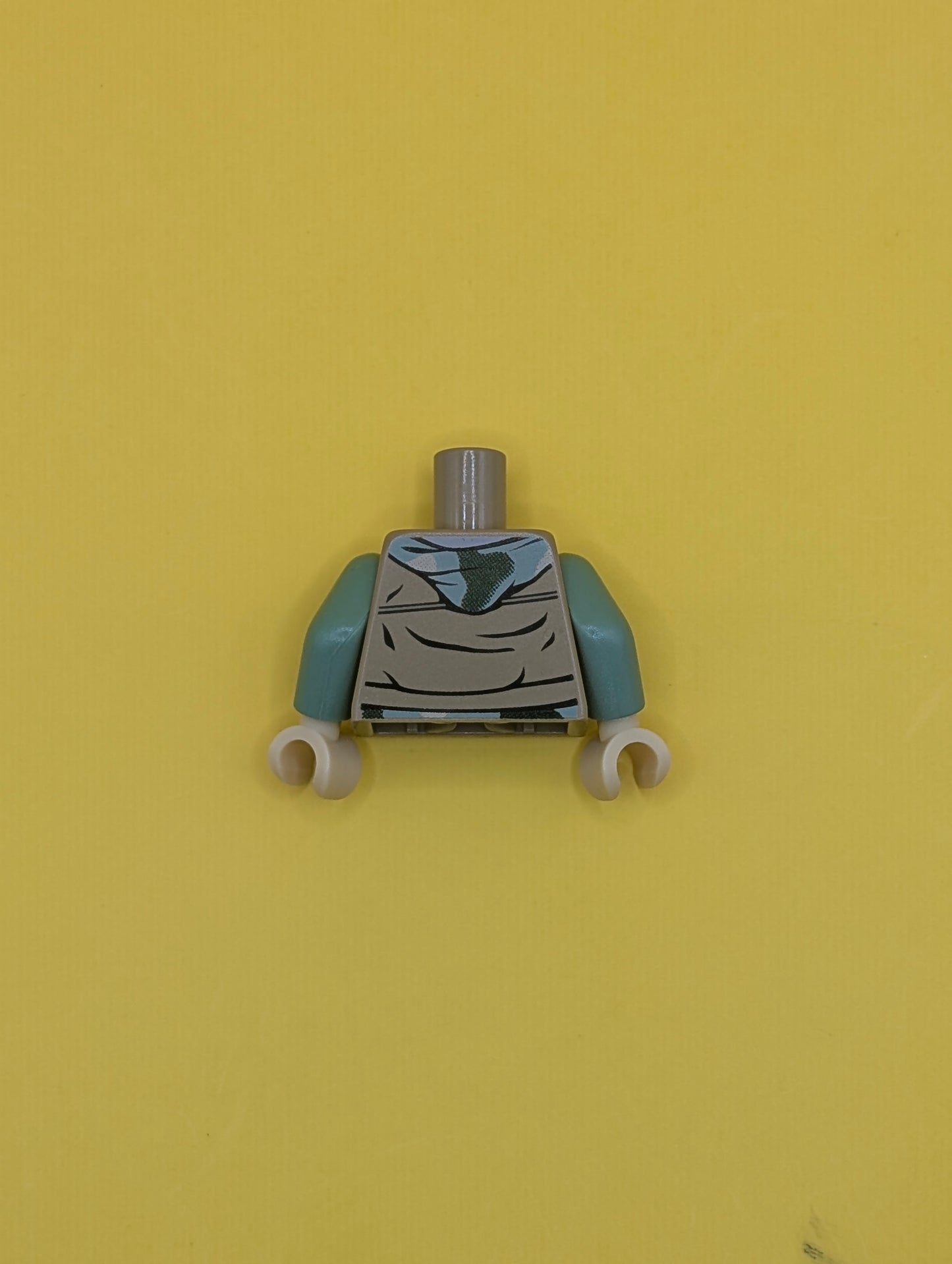 Torso SW Vest Open over Camouflage Hoodie and Light Bluish Gray Shirt, Dark Bluish Gray Belt Buckle Pattern / Sand Green Arms / Tan Hands 973pb1050c01 Lego