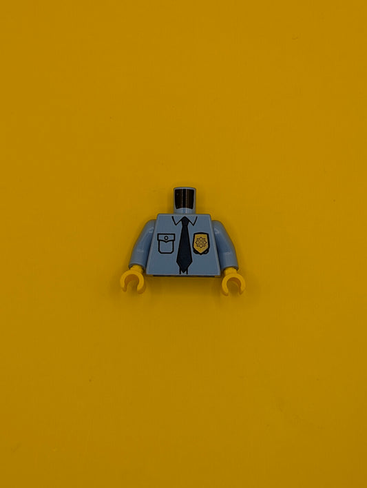 973pb0801c01 Torso Police Uniform Shirt with Pocket and White 'POLICE' on Back, Gold Badge, Dark Blue Tie Pattern / Medium Blue Arms / Yellow Hands Lego Part