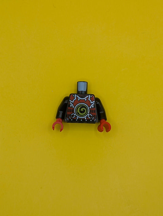 973pb2498c01 Torso Ninjago Red Armor with Lime Swirl Medallion Front, Belts on Back Pattern  / Black Arms / Red Hands Lego Part