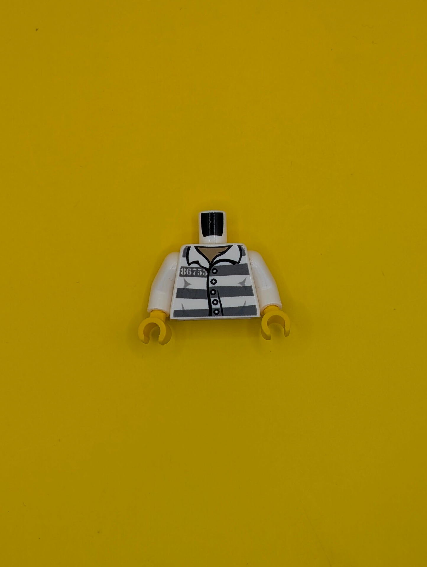 Torso Town Prisoner Number 86753, Dark Bluish Gray Stripes, Buttons, Dark Tan Undershirt Pattern / White Arms / Yellow Hands 973pb1557c01 Lego