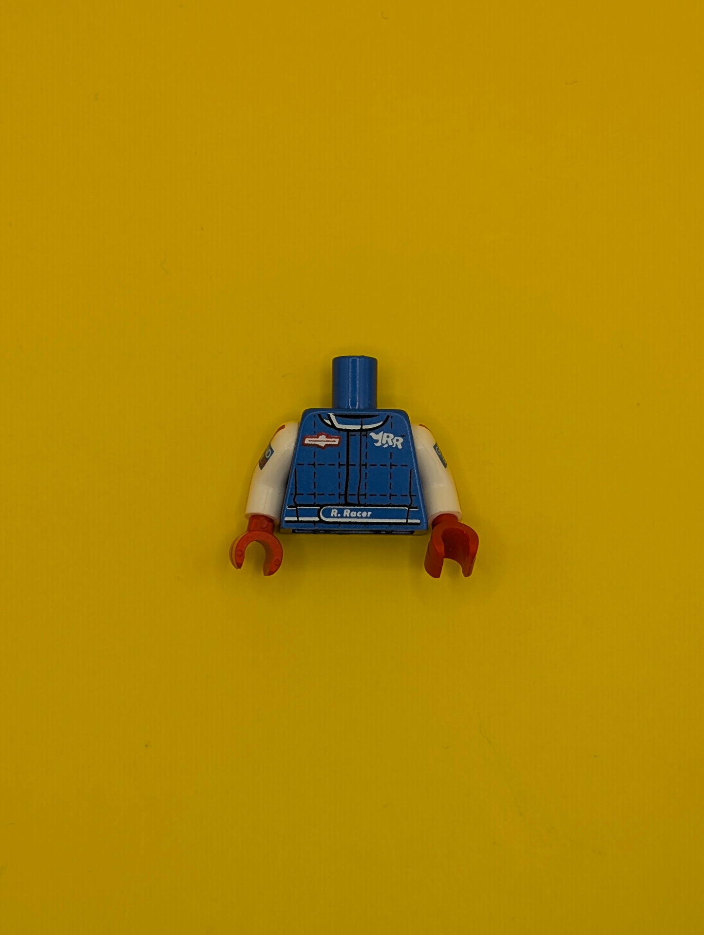 973pb3068c01 Torso Racing Jacket with 'RR' and 'CLUTCH DRIVE' Logos Pattern / White Arms with Red Stripe and 'GRAND BRIX' Pattern / Red Hands Lego Part