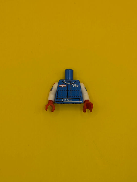 973pb3068c01 Torso Racing Jacket with 'RR' and 'CLUTCH DRIVE' Logos Pattern / White Arms with Red Stripe and 'GRAND BRIX' Pattern / Red Hands Lego Part